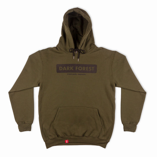 The Hoodie No.1 by Dark Forest in olive green with red woven label