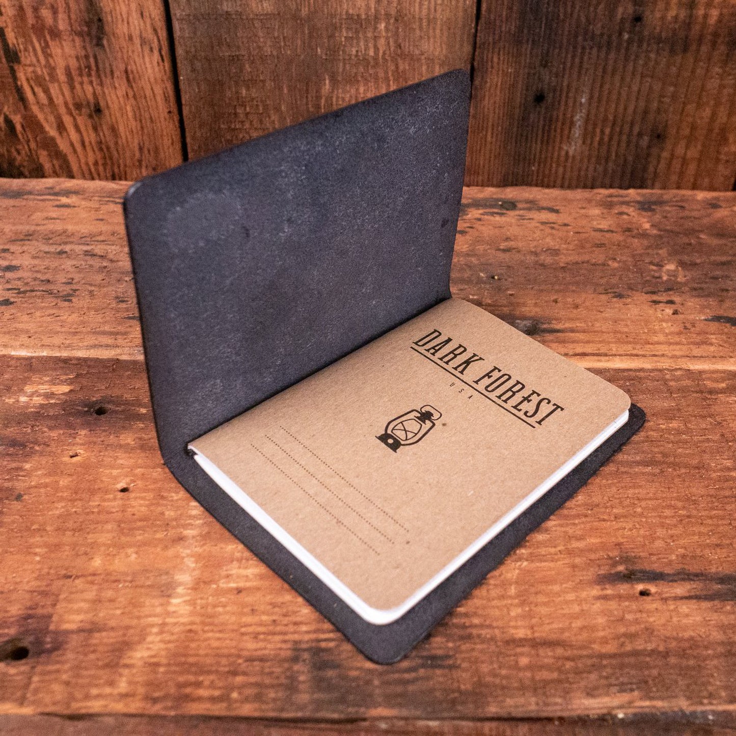 Detail of the Pocket Size Notebook Cover in Black Leather by Dark Forest