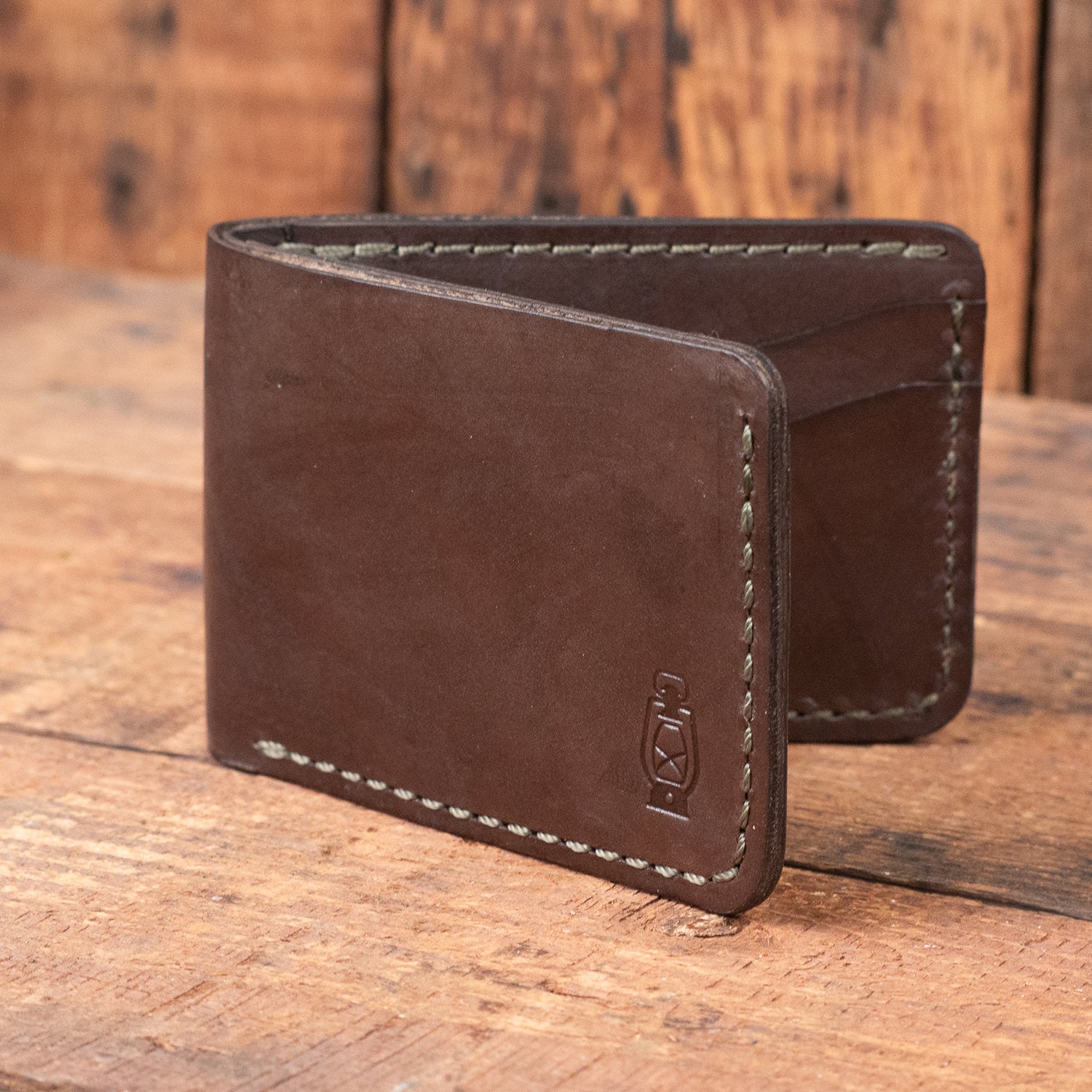 Wrangler Wallet in Chocolate Leather with Olive stitching by Dark Forest