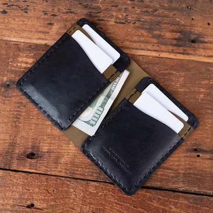 Detail of the Rangeland Two Tone Wallet in Olive Leather with black accents by Dark Forest