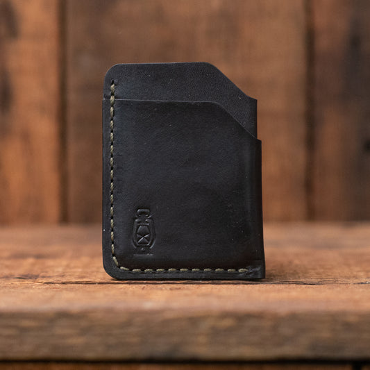 Rustler Wallet in Black Leather with Olive stitching by Dark Forest