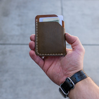 Detail of the Woodgrain (Rustler) Wallet in Walnut / Olive Leather by Dark Forest