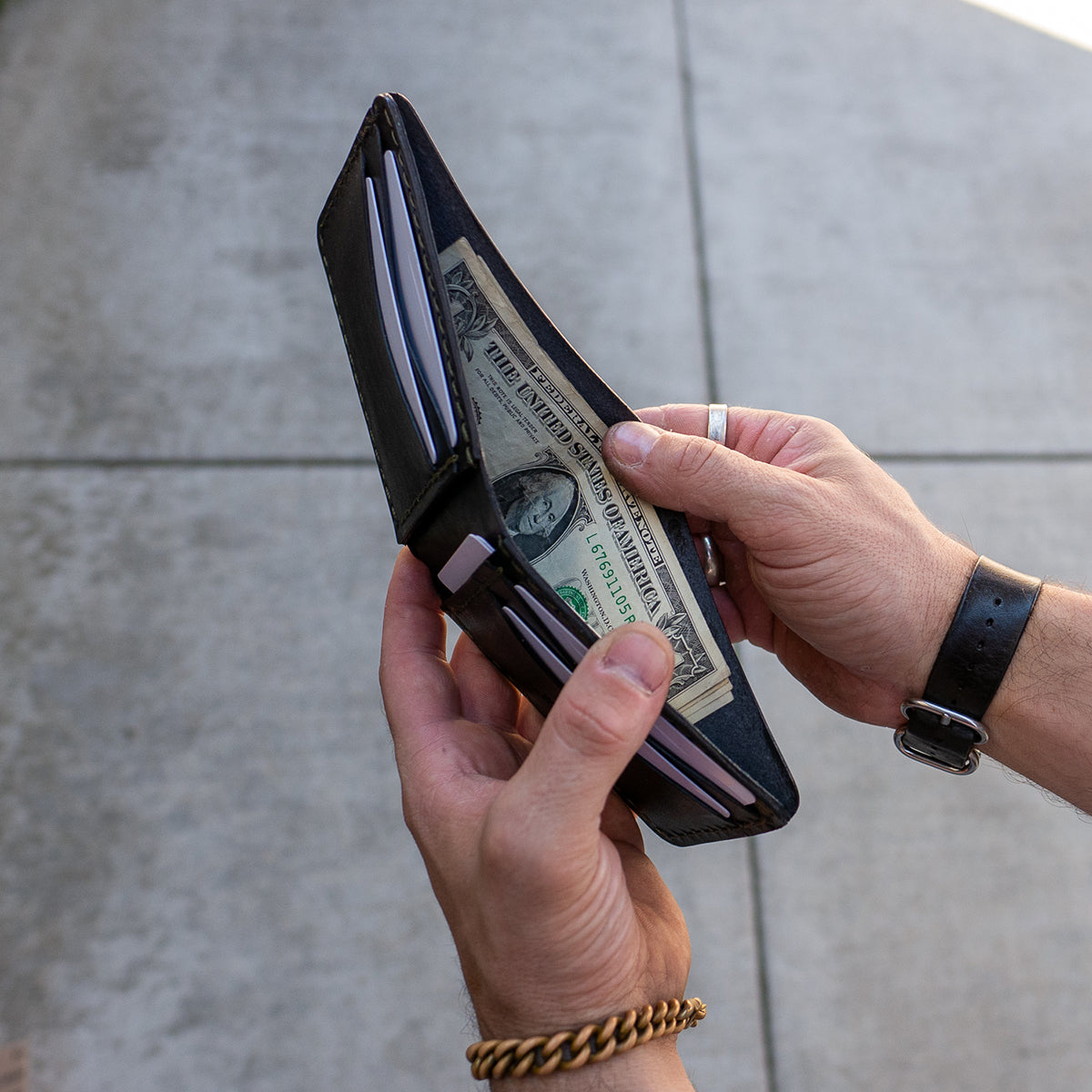 Detail of the Wrangler Wallet in Black Leather by Dark Forest